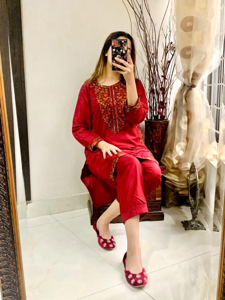 Linen Embroidered Suit in Red