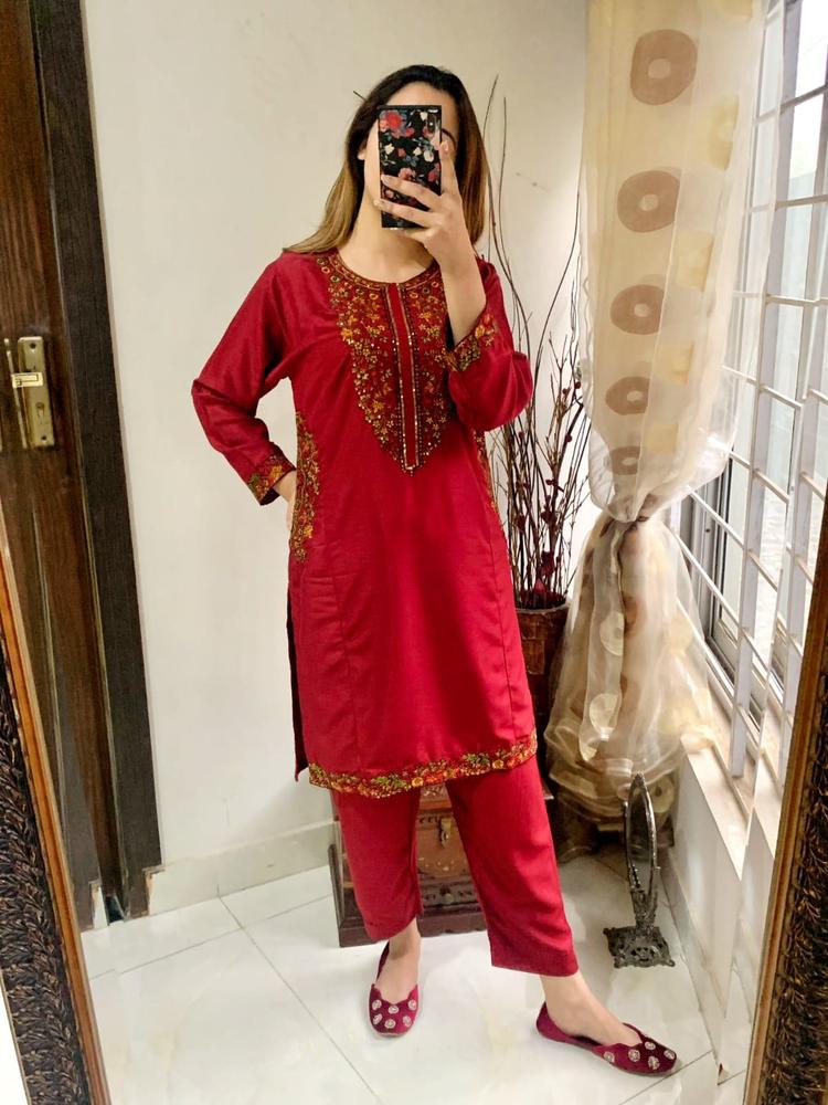 Linen Embroidered Suit in Red