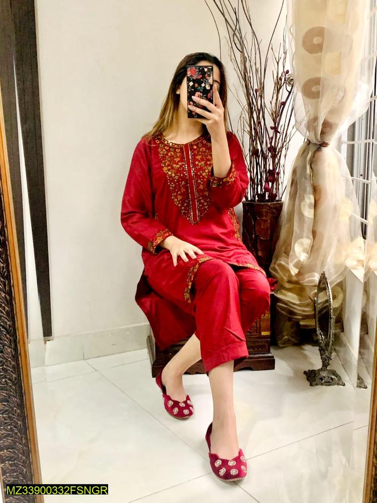 Linen Embroidered Suit in Red