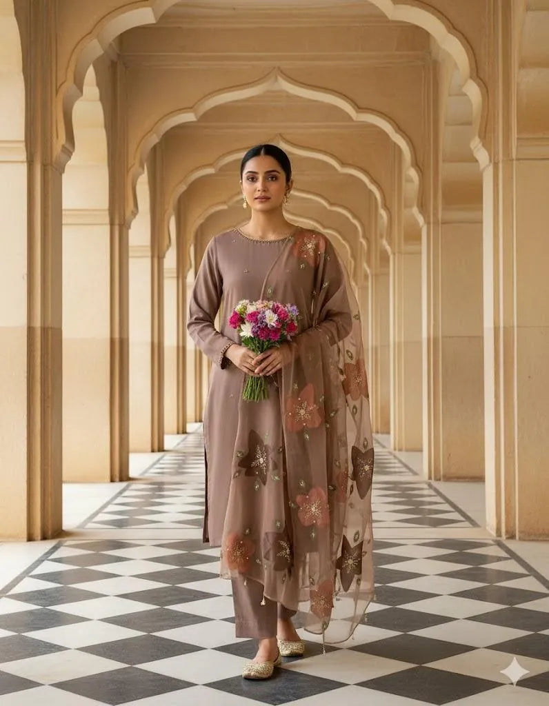 Women's 3 Piece Suit Handmade Zari Beads Work Kataan Silk Suit