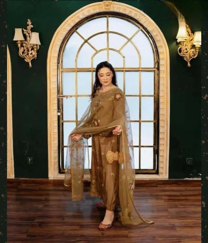 Women's 3 Piece Suit Handmade Zari Beads Work Kataan Silk Suit