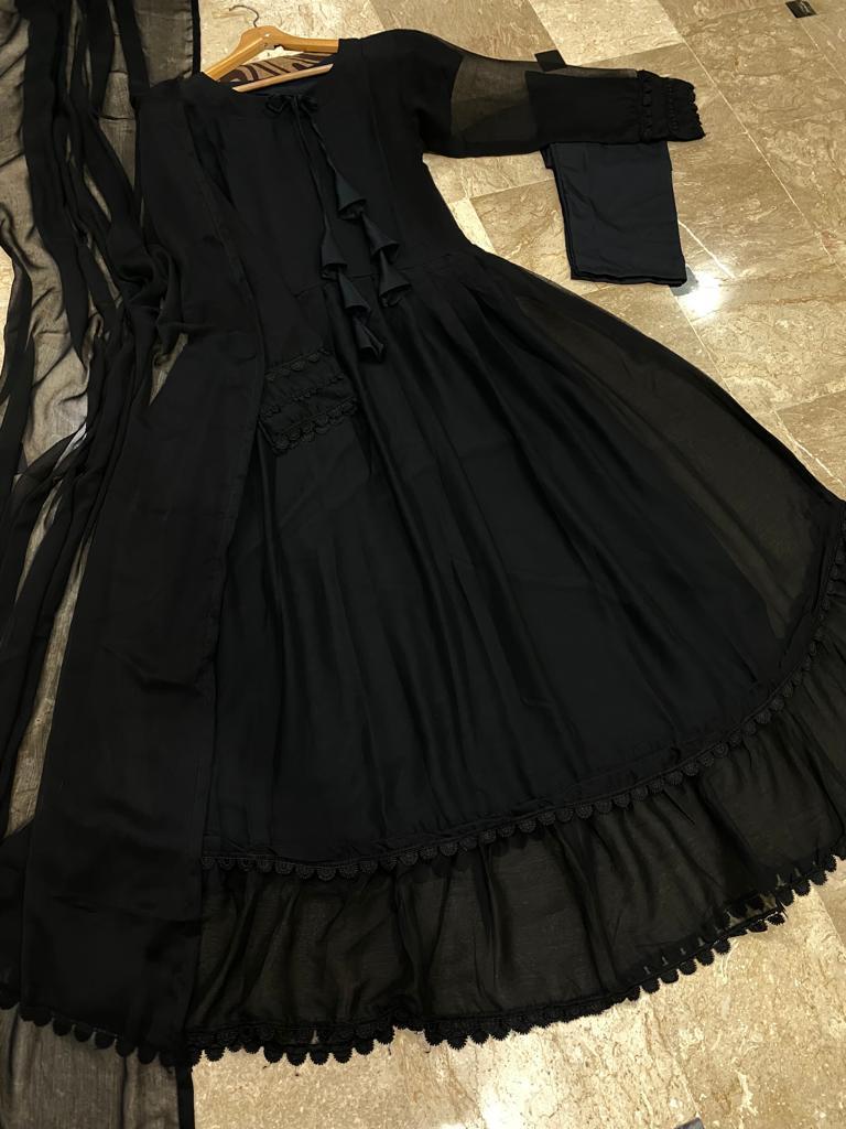 Black Chiffon Embroidered 3-Piece Suit